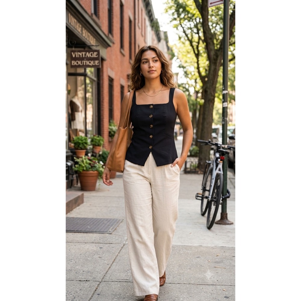 Montgomery Post Sage Vest Black Square Neck Button Front Sleeveless Top WGW13089